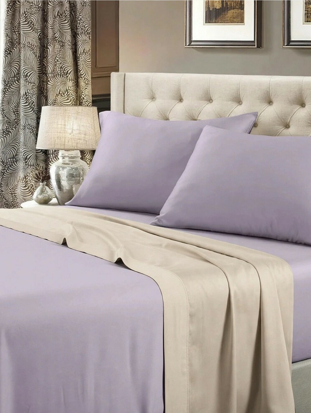 Home Reflections 600 Thead Count Revesible Calif King Sheet Set Lavender/Tan